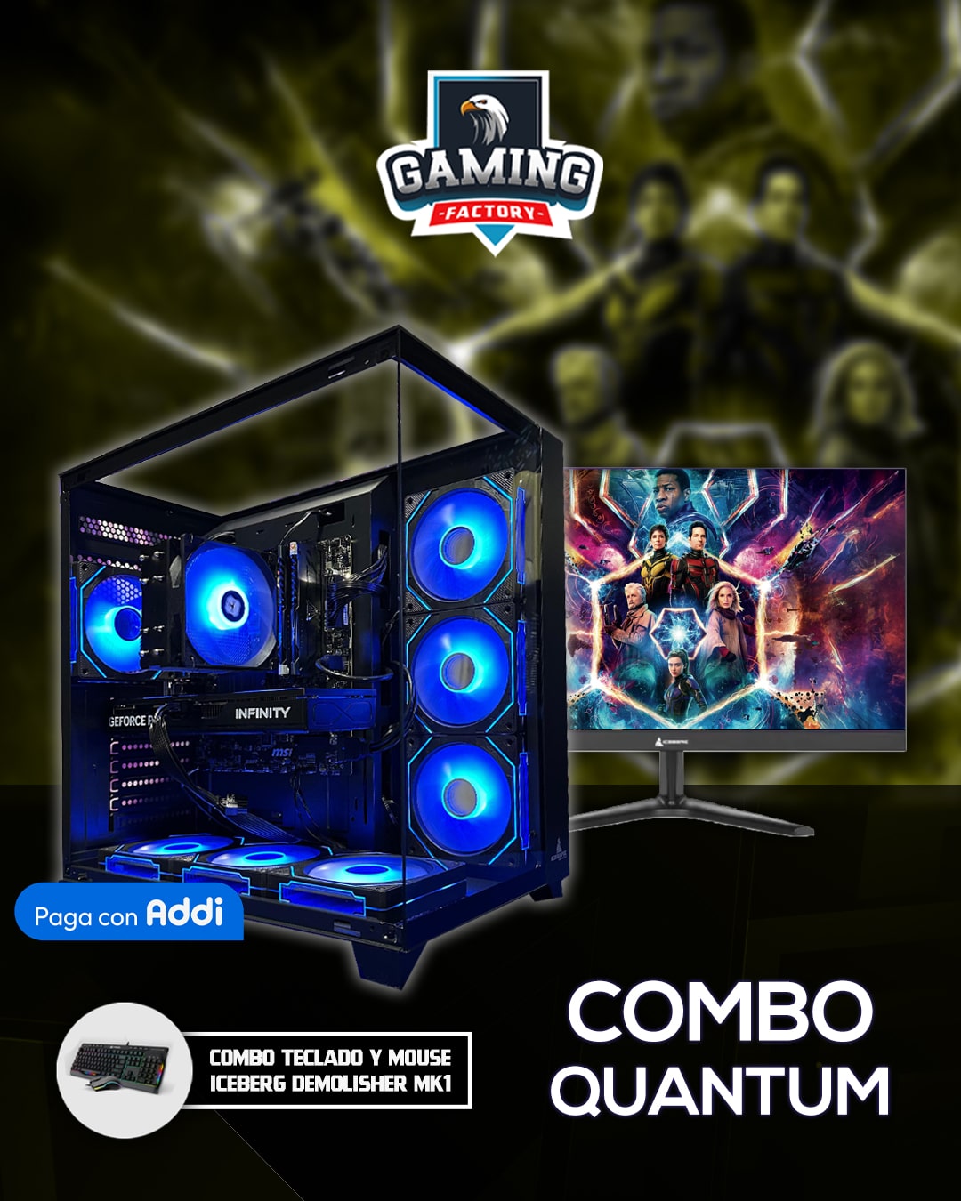 PC COMBO QUANTUM/ Ryzen 7 5700X-B550-RAM32GB-SSD1TB-RTX5060Ti 16GB/ Monitor 27"/ Teclado y Mouse RGB