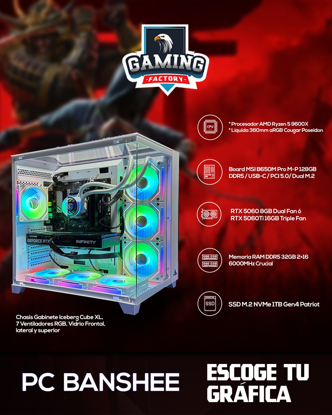 TORRE PC BANSHEE/Ryzen 5 9600X/B650M/RAM 32GB/ DISCO 1TB/RTX 5060 TI 16GB