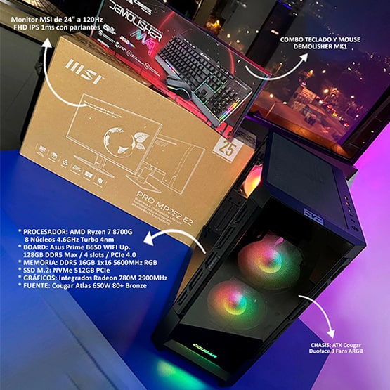 PC COMBO FROZEN|RYZEN 7 8700G|B650|RAM 16GB|SSD512|MONITOR 24"| COMBOTECLADOY MOUSE RGB