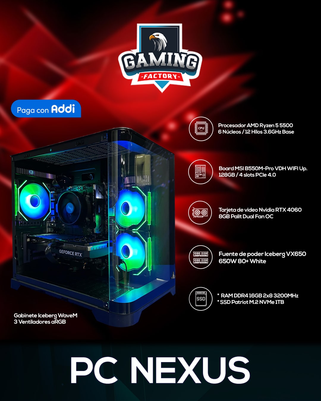 TORRE Nexus Pro/ Ryzen 5500|B550|RAM16GB|SSD1TB|RTX40608GB