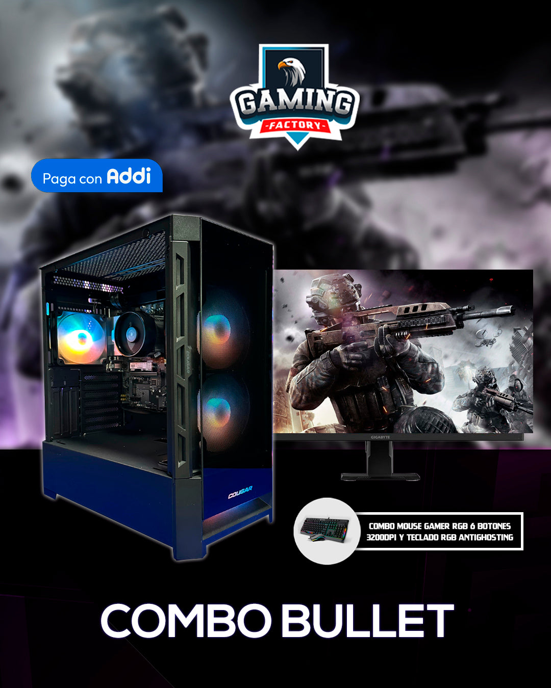 Combo Bullet: Ryzen 7 8700G - Board B840M WIFI6 - RAM 16GB DDR5 -M.2 500GB - 750W 80+ Bronze - Monitor MSI 25' - Combo teclado mouse y diadema