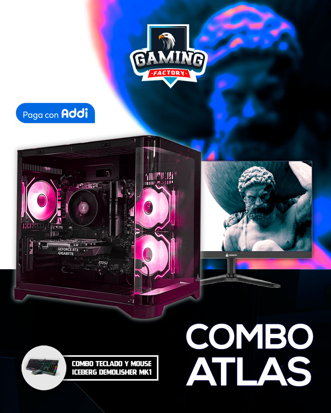 Combo Atlas: Ryzen 5 5500 - Board B550M WIFI - RAM 16GB - M.2 512GB - RTX 3050 6GB - Monitor 24' 100Hz 1ms - Combo teclado y mouse