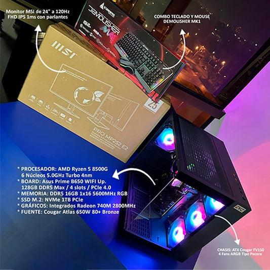 PC COMBO AURON|RYZEN 5 8500G|B650|RAM 16GB|SSD 1TB|MONITOR 24"|COMBO TECLADO Y MOUSE RGB