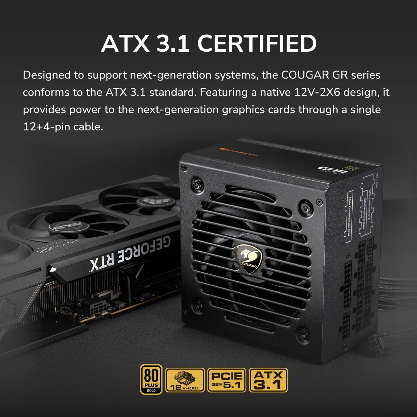 Fuente ATX 3.1 Cougar GR 1000W | 80+ GOLD | Full Modular | Cable Trenzado | Alta Eficiencia