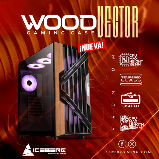 Chasis Iceberg Wood Vector – ATX | 7 Ventiladores ARGB | Vidrio Templado | Estilo madera