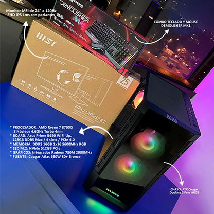 PC COMBO FROZEN|RYZEN 7 8700G|B650|RAM 16GB|SSD512|MONITOR 24"| COMBOTECLADOY MOUSE RGB